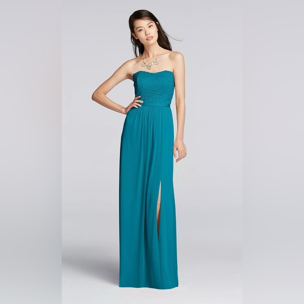 NWT David’s Bridal Lace and Mesh Long Strapless Dress in Oasis, Size Large (12)